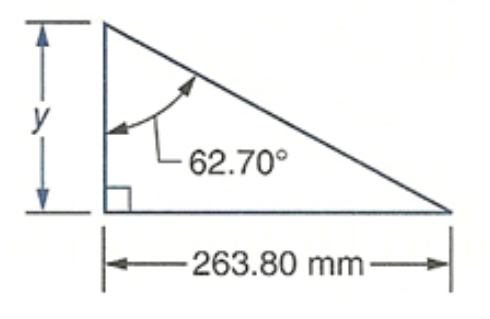 right triangle with upper left acute angle marked 62.70 degrees, then going counterclockwise, side marked y, right angle, side marked 263.80 mm, unmarked acute angle, unmarked side.