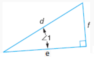 right triangle with lower left acute angle marked 1, then going counterclockwise, side marked e, right angle, side marked f, unmarked acute angle, side marked d.