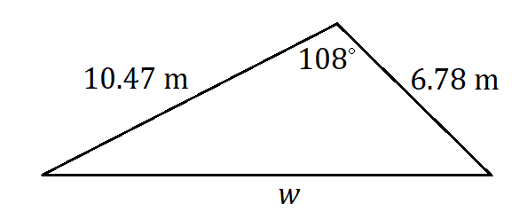 obtuse triangle with a 108 degree angle at the top, formed by a 10.47 m side and a 6.78 m side, with the third horizontal side marked w.