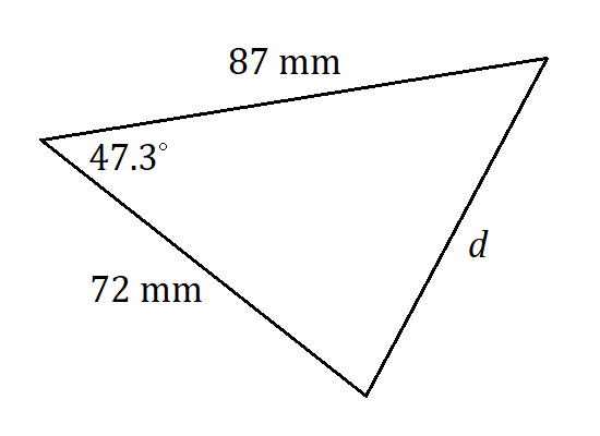acute triangle with a 47.3 degree angle at the left, formed by an 87 mm side and a 72 mm side, with the third side marked d.