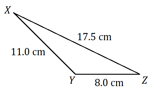 triangle labeled from the upper left going counterclockwise: acute angle X, side 11.0 cm, obtuse angle Y, side 8.0 cm, acute angle Z, side 17.5 cm.