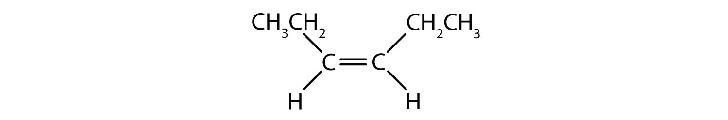 A 6-carbon alkene is shown. The left carbon of the alkene is connected to a 2-carbon group (drawn slightly up) and a hydrogen (drawn slightly down). The right carbon connects to a 2-carbon group (slightly up) and a hydrogen (drawn slightly down).