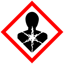 Pictogram is a white diamond outlined in red, with the silhouette of a torso inside overlaid with a pattern indicating it is crumbling.
