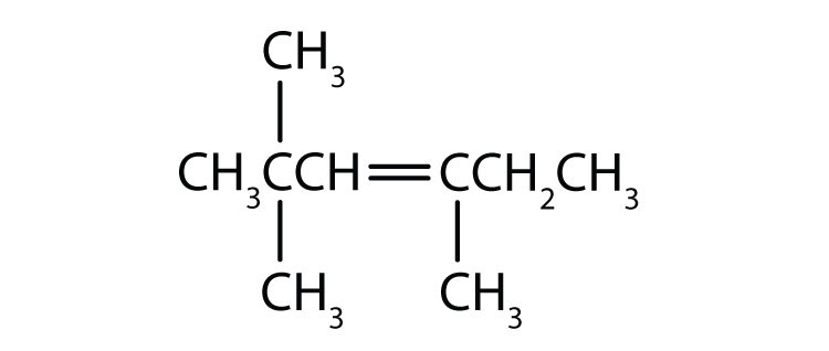 Structure shows a parent chain of 6 carbons, a double bond between carbons 3 and 4 and 3, 1-carbon branches bonded to carbons 2 (2 substituent groups) and 4.