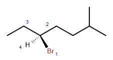 3-bromo-5-methylheptane is shown with 3D structure around chiral carbon. Carbon 3 is attached to Bromine (top priority), a 5-carbon group (2nd priority), a 2-carbon group (3rd priority) and a Hydrogen (4th priority). The carbon groups are shown bonded to carbon 3 by regular lines, the 2-carbon unit from the left and 5 carbon unit to the right. The Bromine is positioned downward, slightly right, bonded with a solid wedge, the hydrogen is shown bonded downward, slightly left and bonded by a dashed wedge.