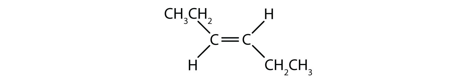 An alkene is drawn showing 6 total carbons. The left carbon on the double bond is connected to an ethyl group (slightly up on the page), and a hydrogen (slightly down). The right hand carbon is connected to a Hydrogen (slightly up) and an ethyl group (slightly down).