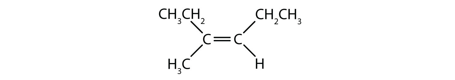 A 6-carbon alkene. The left carbon of the alkene is connected to a 2-carbon group (slightly up) and a 1-carbon group (slightly down). The right carbon is connected to a 2-carbon group (slightly up) and a hydrogen (slightly down).