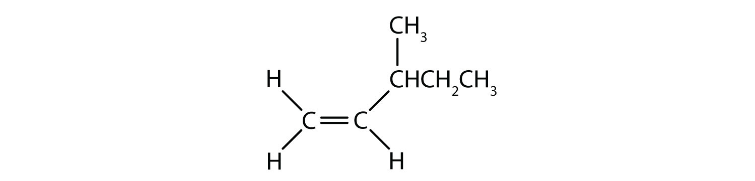 An alkene with 6 total carbons is drawn. The alkene carbon to the left is connected to a hydrogen (slightly up) and another hydrogen (slightly down). The right carbon of the alkene is connected to a 4-carbon group, with the connection at carbon 2 of that group (slightly up) and a hydrogen (slightly down).