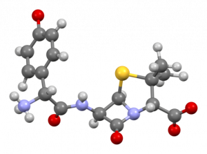 A molecule of amoxicillin represented as a collection of colored balls connected by lines