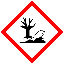 Pictogram is a white diamond outlined in red, with an image of a leafless tree and upside down fish in the center.
