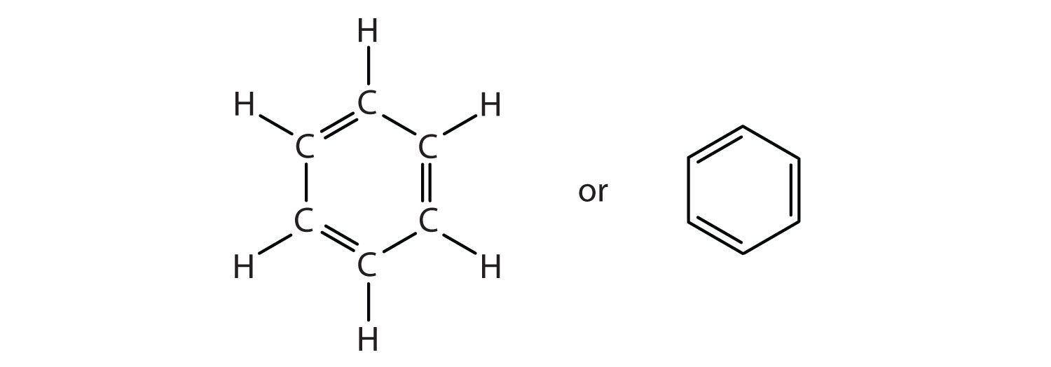 A structural formula and a line-bond structure, each showing benzene as a 6-carbon cyclic structure with alternating single and double bonds.