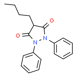 Line bond structure of phenylbutazone. A chain of 4 carbons attaches to a ring made up of 3 carbons and 2 nitrogen atoms. From the point of attachment (carbon 1) there are double bonds to oxygen at positions 2 and 5, and nitrogen atoms at positions 3 and 4. Each nitrogen is attached to a phenyl group.
