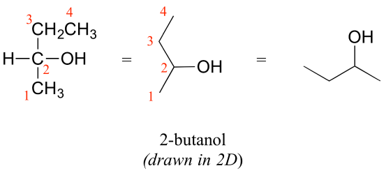 2-butanol drawn as a condensed structural formula and a line-bond structure with the parent chain carbons numbered. Carbon 2 is bonded to 4 different groups including H, CH3, OH, and CH2CH3.