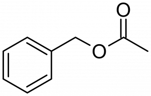 Line bond structure of benzyl ethanoate, known also as benzyl acetate. A 2-carbon group, including a carbonyl, is attached by an ester linkage to a 7 carbon structure composed of CH2 and a benzene ring, known in common naming terms as "benzyl."
