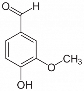 A line bond structure is shown for vanillin. It is composed of a benzene ring with 3 substituents: at carbon 1 a 1-carbon aldehyde group, at carbon 3 OCH3, and at carbon 4 an OH group are attached to the ring.