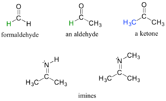 Some compounds containing carbonyl and imine groups are shown and named: formaldehyde is a 1-carbon aldehyde, then a 2-carbon aldehyde (ethanal), then a 3-carbon ketone (2-propanone), then 2 3-carbon imines. One of the imines (containing a carbon to nitrogen double bond) has only a H attached to the N, while the other has a CH3 "methyl" group in this place.