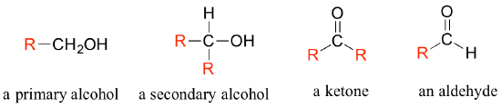 Example structures showing how the letter R can be used to signify any group on a structure. These include examples for a primary alcohol, secondary alcohol, ketone and aldehyde. For instance the primary alcohol is R-CH2OH.