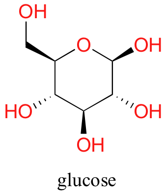 Line-bond structure for the 6 carbon polyalcohol named glucose, in its cyclic configuration. Glucose in this form has 5 OH groups and a Carbon to oxygen to carbon bond. It is water soluble.