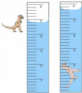 A toy dinosaur is shown next to a cylinder of water with marking indicating volume. To the right, dinosaur is now submerged in the water and the water level is higher in up the cylinder.