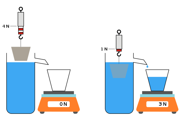 A weight hangs from a scale that reads 4 Newtons. The weight is placed above a cup of water. The water just reaches a spout on the cup which drains into an empty cup sitting on a digital scale which reads 0 Newtons. The weight is submerged in the water, and now the scale holding the weight reads only 1 Newton. Water from the first cup rose and drained through the spout into the previously empty cup sitting on the digital scale, which now reads 3 Newtons.