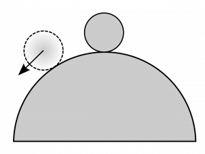 A marble sits at the top of a spherical hill. A marble moved down the left side of the hill has an arrow pointing down and left, showing the direction of the net force on the ball.