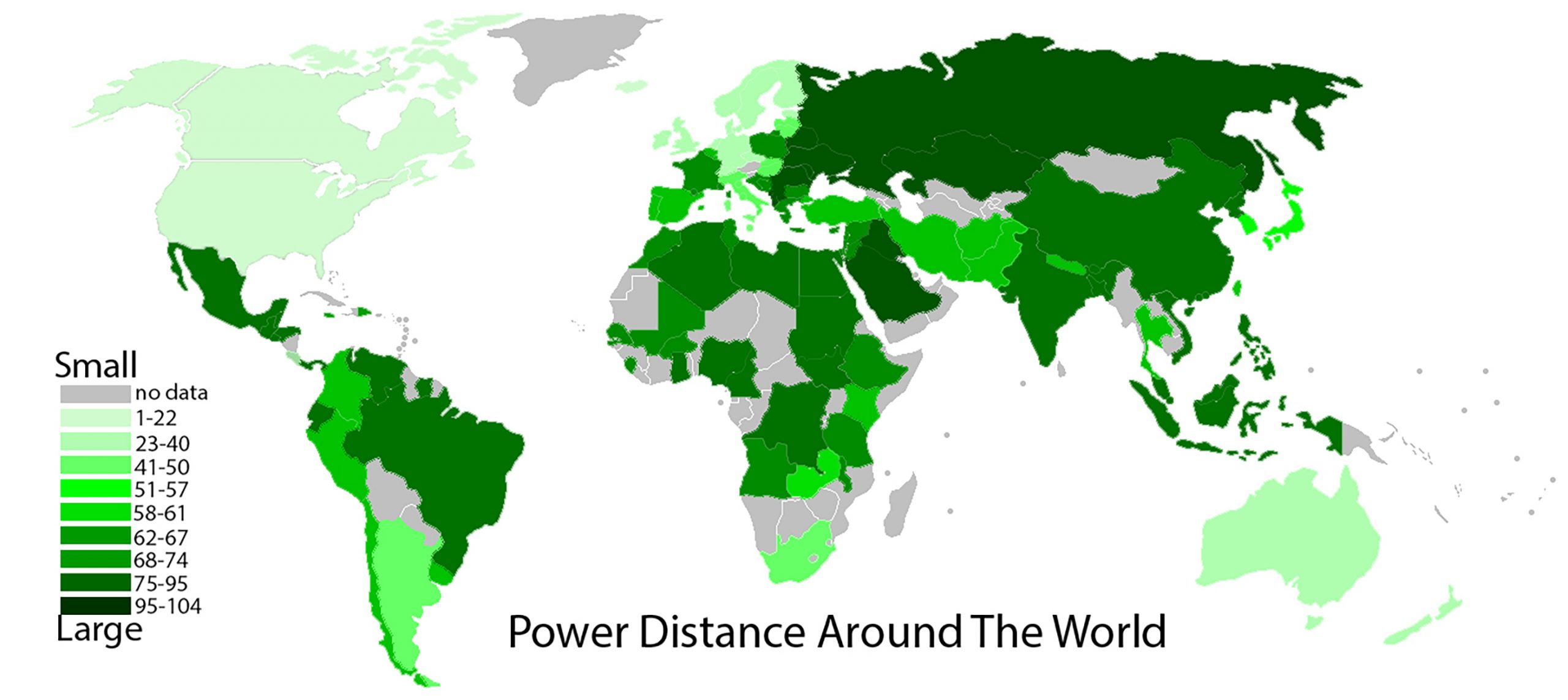 A map which shows the relative power distance of nations around the world