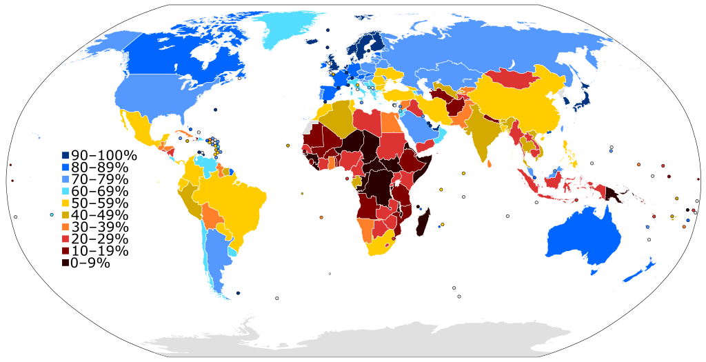 A world map colored to show the level of Internet penetration (number of Internet users as a percentage of a country's population).