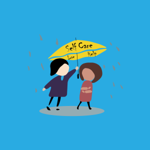 A cartoon image of two figures noting that self care helps