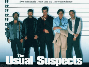 The Usual Suspects movie poster showing five men in a police lineup