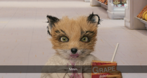 (Screenshot from Fantastic Mr. Fox showing a fox character with grape juice on their lips