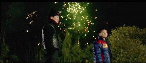 a father and son watching fireworks