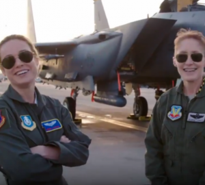 Brig. Gen. Jeannie Leavitt (right) introduces Brie Larson (left) to the spirit of the Air Force