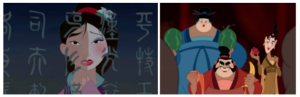 Side by side screengrabs from Mulan one featuring Mulan and the other three other characters