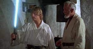 Screen snip of Mark Hamill’s Luke Skywalker and Alec Guinness's Obi-Wan Kenobi 