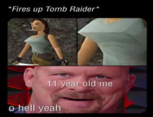 Meme from ifunny.com showing a grown man gazing at Lara Croft's breasts
