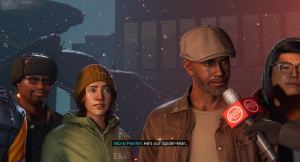 Screen snip from the ending cutscene of the game where the community of Harlem gathers around to protect Miles’s Identity