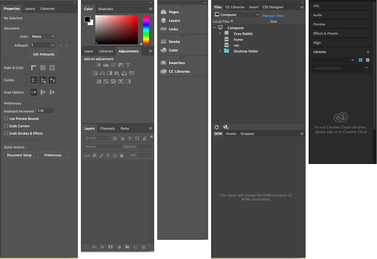 Screen captures of the interface panels from Adobe Illustrator, Photoshop, InDesign, Dreamweaver, and After Effects.