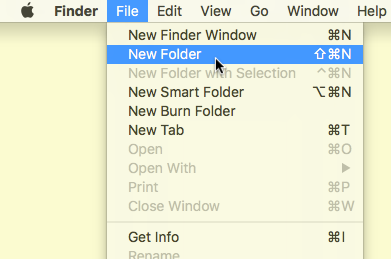 MacOS File menu with the New Folder option selected