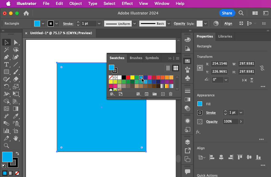 Screen capture showing applying a color from the Swatches panel to the selected rectangle object.