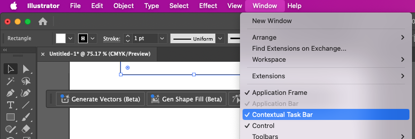 Screen capture showing Illustrator's Contextual Tool Bar and how to turn it off in the Window menu.