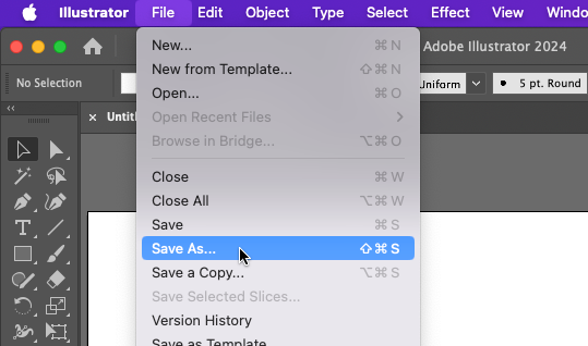 Location of "Save As" command from the Menu bar > File > Save As