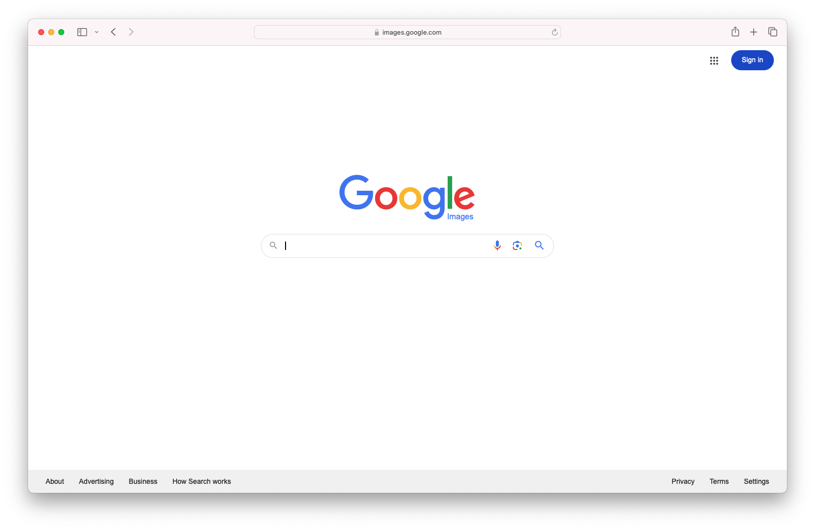 Screen capture of the Google Search Engine home page. The Google logo is centered against a white background and a search field is located underneath the logo.