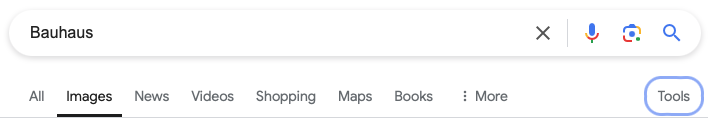 Screen capture showing the Google search options, including the Tools button.