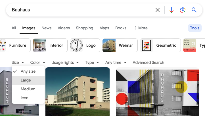 Screen capture of a Google image search for Bauhaus, with the Size menu expanded and "Large" being selected as a size filter.