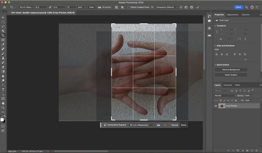 Screencapture showing the crop frame after setting Crop tool parameters.