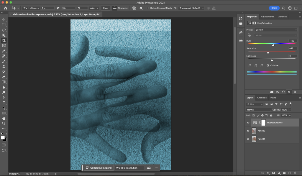 Screencapture showing Adobe Photoshop's Properties Panel, with controls for a Hue/Saturation Adjustment Layer.