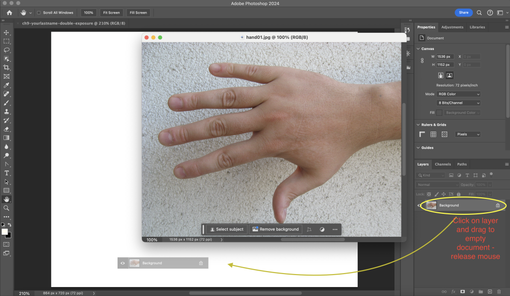 Screencapture showing two documents open in Adobe Photoshop. One is a new blank canvas displayed in the main editing area, the other is an image of a hand that is overlapping the main application window.