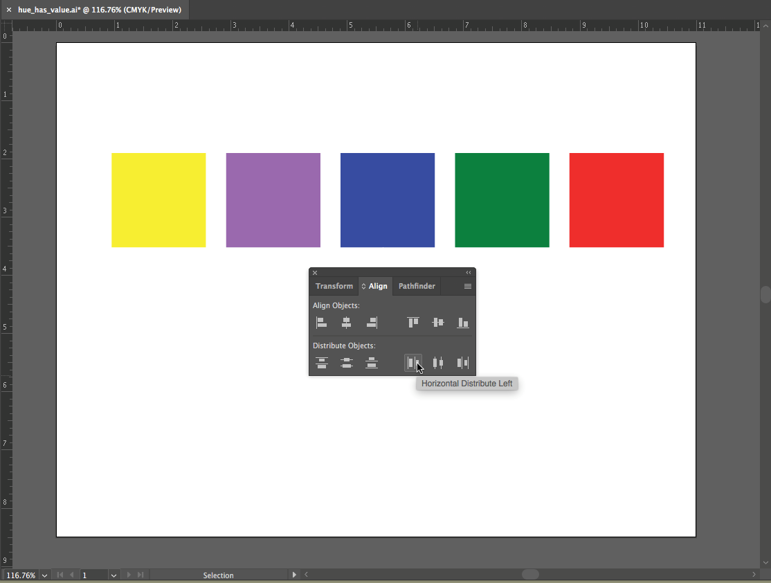 Screen capture showing five squares in a row, spaced evenly, each with a different fill color.