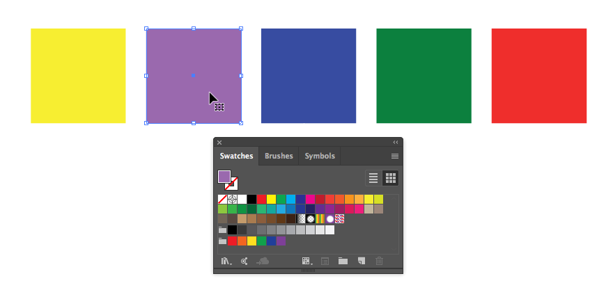 Screen capture of the Swatches panel next to the squares created in the previous step.