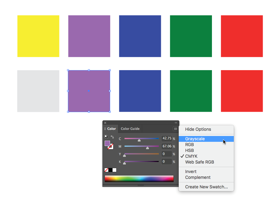 Screen capture showing the Color panel being used to change the second row of squares to grayscale.